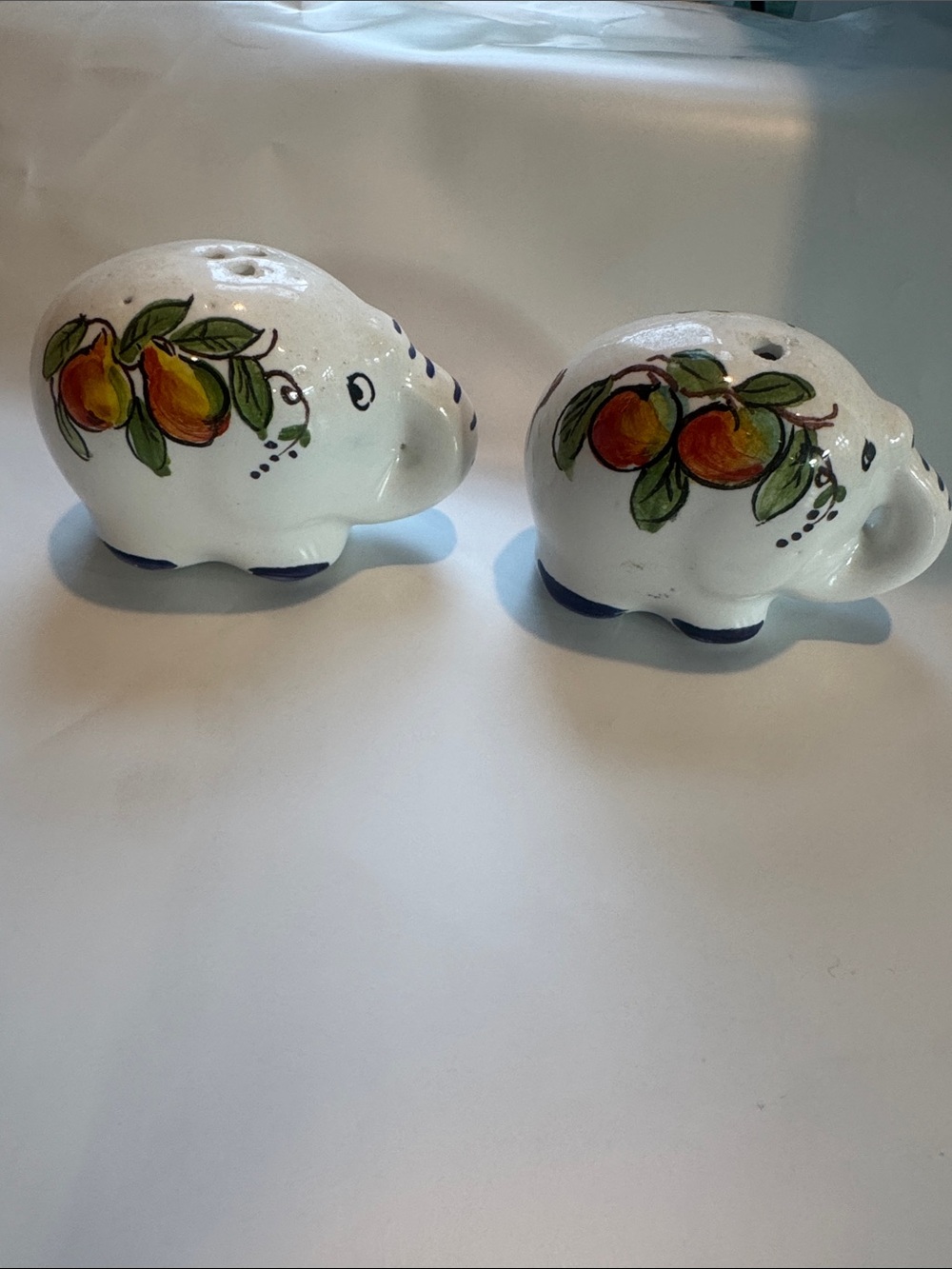 Hand-Painted Ceramic Elephant Salt & Pepper Set in White with Orange Fruit Motif